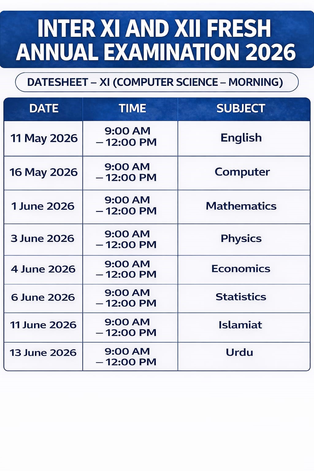 Science  Date Sheet